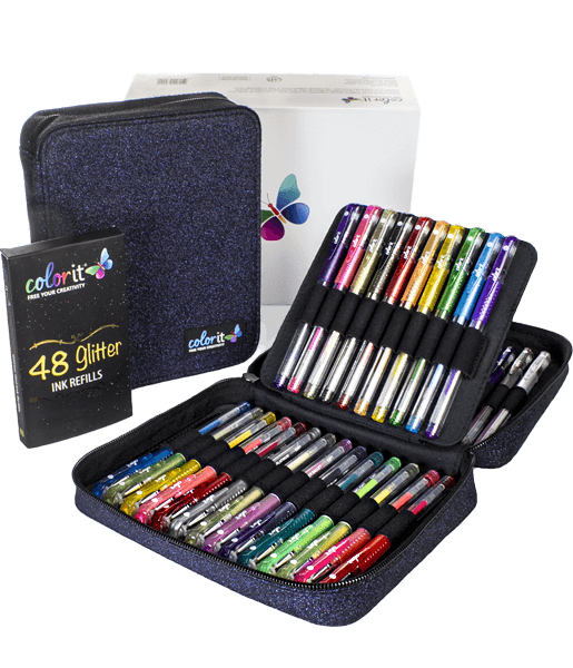 48 GLITTER Gel Pen Set, 48 Ink Refills, Travel Case & Gift Box – ColorIt