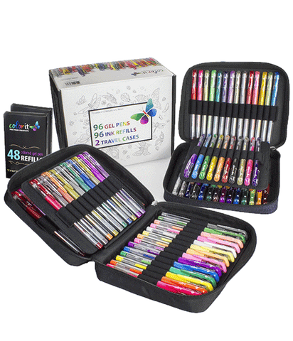 ColorIt Gel Pens For Adult Coloring Books 192 Pack - 12  Metallic Gel Pens, 12 Neon Gel Pens, and 72 Glitter Pens for Art & Office  with 96 Matching Refills (192