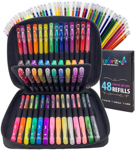 Larkpad 48 Color Gel Pen Set & 3 Coloring Books with Portable