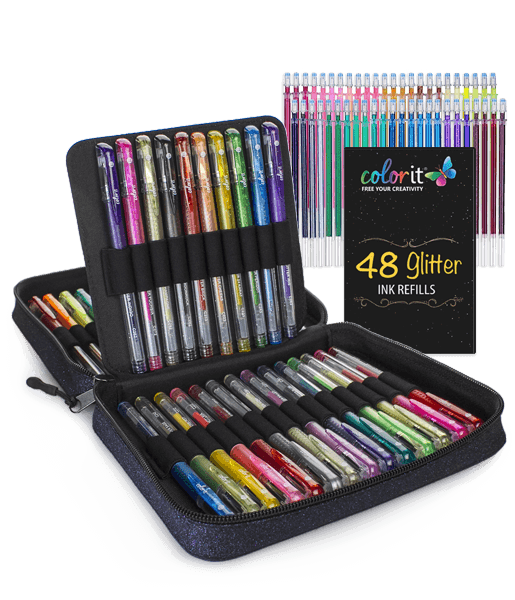 96 Color Artist Glitter Gel Pen Set, includes 48 unique Glitter Gel Pens,  plus 48 Matching Color Refills, More Ink Largest Non-Toxic Art Neon Pen for