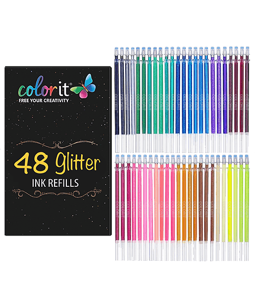 Glitter Gel Pens for Adult Coloring Books 96 Pack - 48 Artist Glitter Pens,  48 Matching Refills