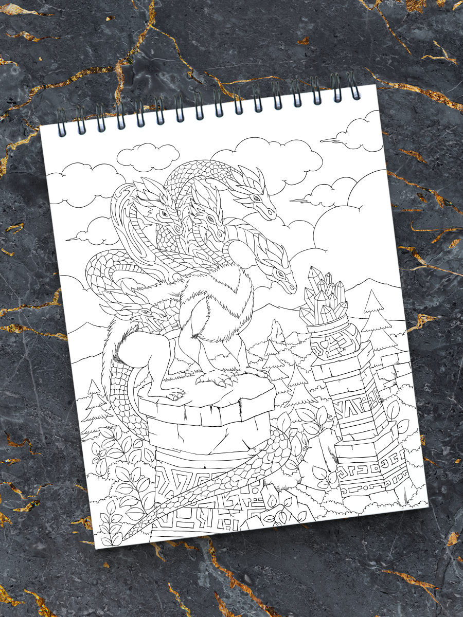 colorit 50 adult coloring book dragons - four-headed dragon coloring page